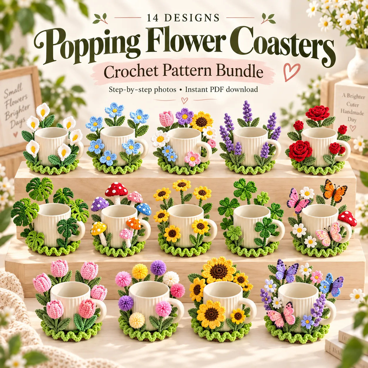 10+ Popping Flower Coasters Crochet Pattern Bundle